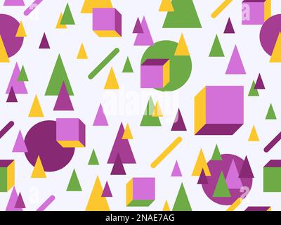 Geometric seamless pattern with 3d shapes in 80s memphis style. Isometric 3D geometric shapes in different colors. Design for printing on paper, banne Stock Vector