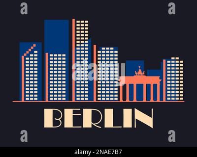 Berlin landscape in vintage style. Retro banner of Berlin city with Brandenburg Gate and houses in linear style. Design for print, posters and promoti Stock Vector
