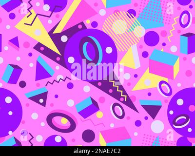 Geometric seamless pattern with 3d shapes in 80s memphis style. Isometric 3D geometric shapes in different colors. Design for printing on paper, banne Stock Vector