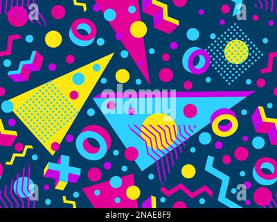 Geometric seamless pattern with 3d shapes in 80s memphis style. Isometric 3D geometric shapes in different colors. Design for printing on paper, banne Stock Vector