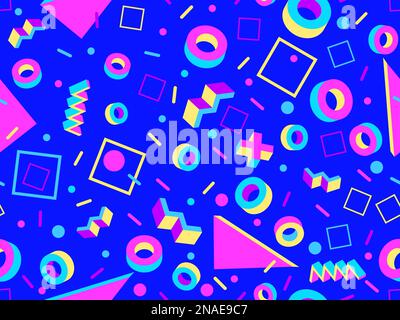 Geometric seamless pattern with 3d shapes in 80s memphis style. Isometric 3D geometric shapes in different colors. Design for printing on paper, banne Stock Vector