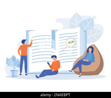 Various Online Education, Knowledge and Library Icons. People Characters Reading Books. Girls and Boys with Open Books in Hands Studying in Library. f Stock Vector