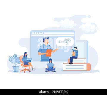 Online education illustration. Students having video call with teacher. People learning online and solving educational test or exam. Distance learning Stock Vector