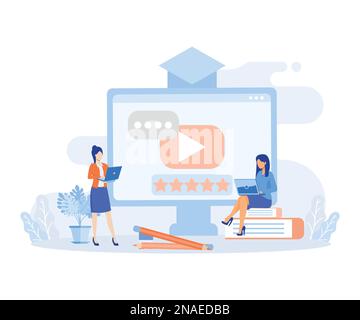 Online education illustration. Students having video call with teacher. People learning online and solving educational test or exam. Distance learning Stock Vector