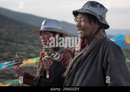Pilgrims starting on the Kora pilgrimage at Mount Kailash; Tibetan Autonomous Region, Tibet Stock Photo