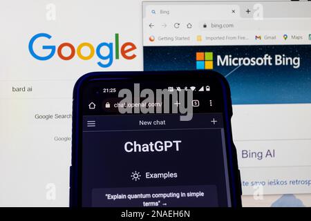 Vilnius, Lithuania - 2023 February 13: OpenaAI ChatGPT, Microsoft Bing and Google Bard on screens. Stock Photo