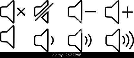 Silhouette line Volume icons set. Sound volume icons. Black volume audio icons. Speaker volume symbol. Loud and muted speakers Vector illustration Stock Vector