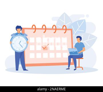 Schedule planning illustration. Characters planning work tasks, filling check list, making schedule using calendar. Business and organization concept. Stock Vector