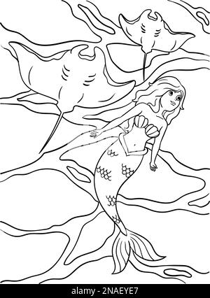 Mermaid with Manta Ray Coloring Page for Kids Stock Vector