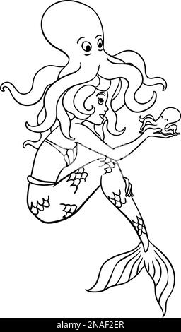 Mermaid with an Octopus Coloring Page Illustration Stock Vector Image ...