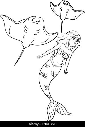 Mermaid with Manta Ray Isolated Coloring Page  Stock Vector