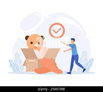 Donation illustration. Volunteers collecting and packing used clothes in boxes for charity. Flat vector modern illustration Stock Vector
