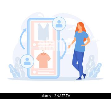 Sustainable fashion illustration. Characters sell, buy and swap used clothes and shoes online. Second hand, clothes exchange and donation. Flat vector Stock Vector