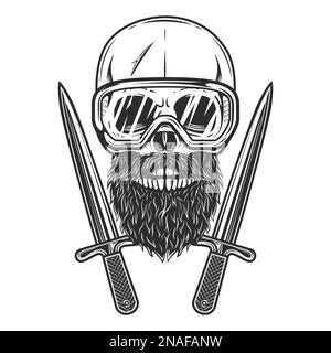Skull with hipster mustache and beard in safety glasses and crossed knife dagger isolated on white background monochrome illustration Stock Photo