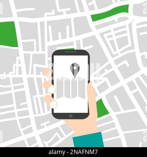 Hand holding phone with map and location pin Stock Vector