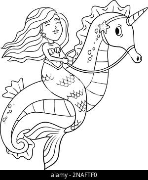 Mermaid Riding Sea Horse Isolated Coloring Page Stock Vector