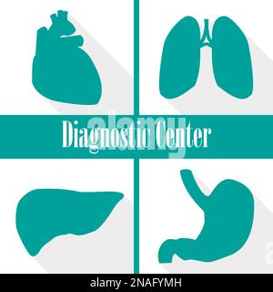 Icons diagnostic centers in a flat design. Heart, lungs, liver, stomach Stock Vector