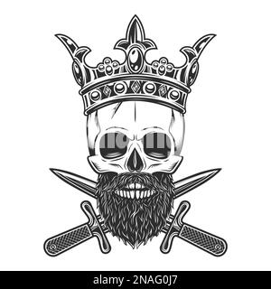 Skull in crown royal king with hipster mustache and beard and crossed knife dagger isolated on white background monochrome illustration Stock Vector