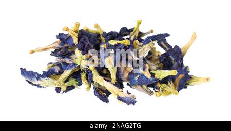 Butterfly pea flowers isolated on white background. Blue herbal tea. Clitoria Ternatea Stock Photo