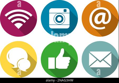 Set of icons for social networking in a flat design with long shadow Stock Vector