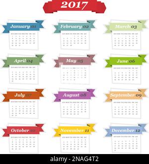 Calendar 2017 in a flat design with ribbons. Vector illustration Stock Vector