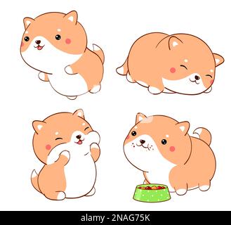 Set of cute fat dogs kawaii style. Collection of lovely little shiba inu puppy in different poses. Can be used for t-shirt print, stickers, greeting c Stock Photo
