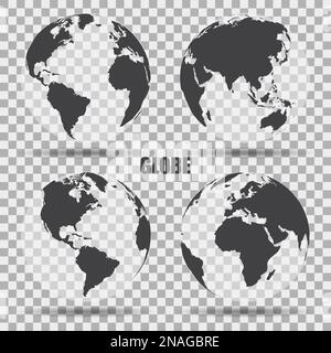 Vector Illustration of gray globe icons with different continents. Transparent background. Realistic shadow. Maps of different countries Stock Vector