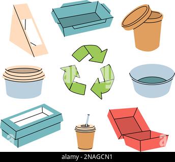Food boxes for recycling. Empty takeaway cardboard boxes. Paper and plastic delivery containers. Empty take away packages. Takeaway cardboard boxes Stock Vector