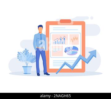 Business illustration. Characters assembling jigsaw puzzle, moving chess figure, planning financial strategy to achieve business goals. Flat vector mo Stock Vector