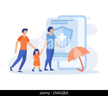 Insurance illustration. Characters presenting car, property and family health or life insurance policies with risk coverage. Insured persons and objec Stock Vector