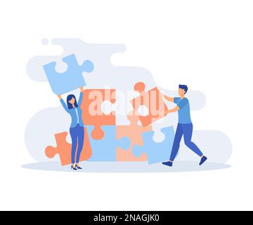 Business illustration. Characters assembling jigsaw puzzle, moving chess figure, planning financial strategy to achieve business goals. Flat vector mo Stock Vector