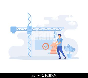Business illustration. Characters assembling jigsaw puzzle, moving chess figure, planning financial strategy to achieve business goals. Flat vector mo Stock Vector