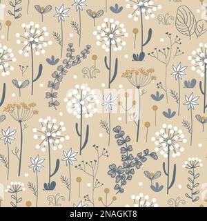 Meadow flowers and herbs boho seamless pattern. Blooming grass doodle background in Scandinavian style. Folk vector pattern Stock Vector