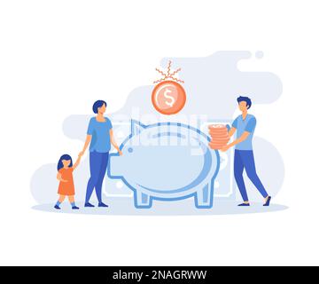 Family income. Characters planning and bookkeeping budget and household spending. People making savings in piggy bank. Flat vector modern illustration Stock Vector