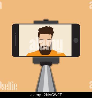 Stick for selfie. Monopod Selfie shots cartoon vector illustration.Young couple making self portrait. Man with beard hipster Stock Vector