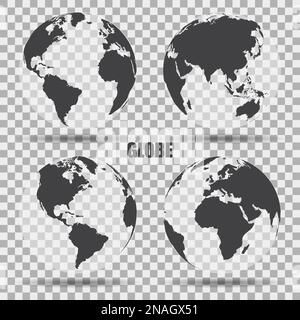 Vector Illustration of gray globe icons with different continents. Transparent background. Realistic shadow. Maps of different countries Stock Vector