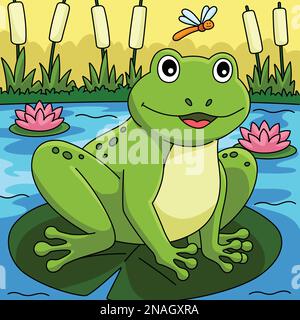 Spring Frog on a Water Lily Colored Cartoon Stock Vector