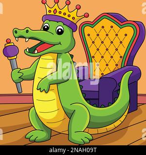 Mardi Gras Crown King Crocodile Colored Cartoon  Stock Vector