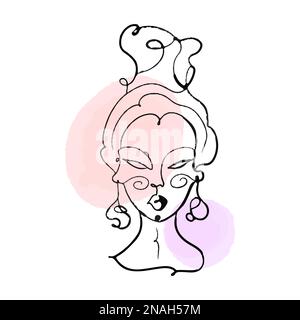 Simple, minimalist vector illustration of beautiful woman face. Line drawing With watercolor stains. Stock Vector
