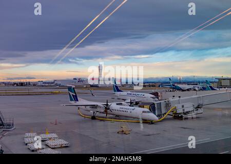 Airplanes refuelling on a tarmac at an airport; Calgary, Alberta, Canada Stock Photo