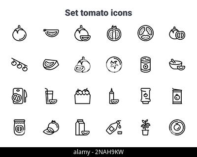 Simple vector icons. Flat illustration on a theme tomato, slice, whole, appetizing Stock Vector