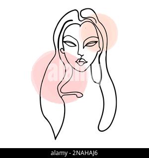 Simple, minimalist vector illustration of beautiful woman face. Line drawing With watercolor stains. Stock Vector
