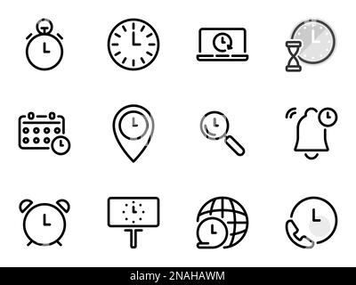 Set of black vector icons, isolated against white background. Flat illustration on a theme hours, break and scheduling Stock Vector