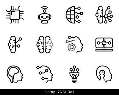Simple vector icons. Flat illustration on a theme Artificial intelligence, integration with the human brain Stock Vector