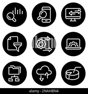 Set of white icons isolated against a black background, on a theme Sorting and analyzing data Stock Vector