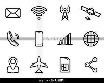 Set of black vector icons, isolated against white background. Flat illustration on a theme basic mobile functions and devices Stock Vector