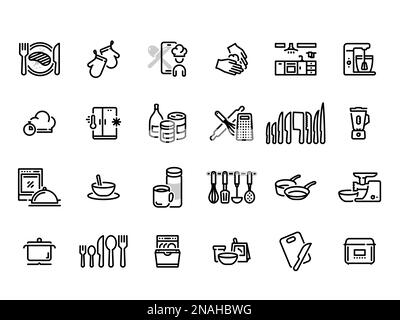Set of black vector icons, isolated against white background. Flat illustration on a theme kitchen utensils, and household appliances Stock Vector