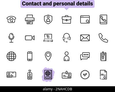 Simple vector icons. Flat illustration on a theme contact and personal data Stock Vector