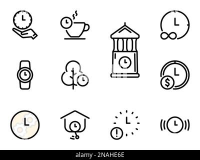 Set of black vector icons, isolated against white background. Flat illustration on a theme clock and time elements Stock Vector