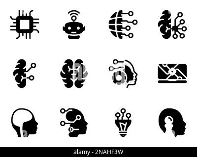 Simple vector icons. Flat illustration on a theme Artificial intelligence, integration with the human brain Stock Vector